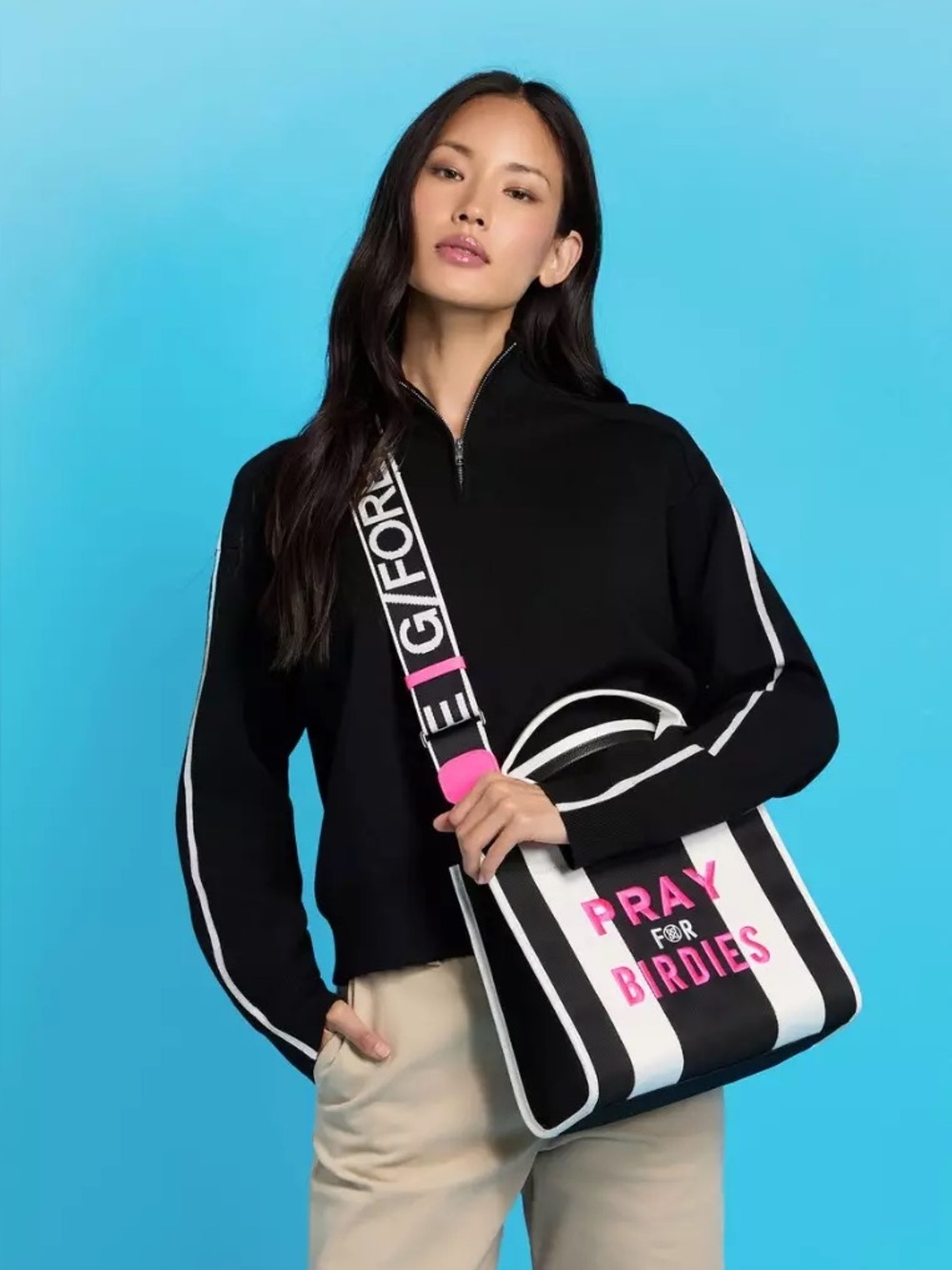 G/Fore Pray For Birdies Square Canvas Bag Black Pink Crossbody Tote Womens Golf
